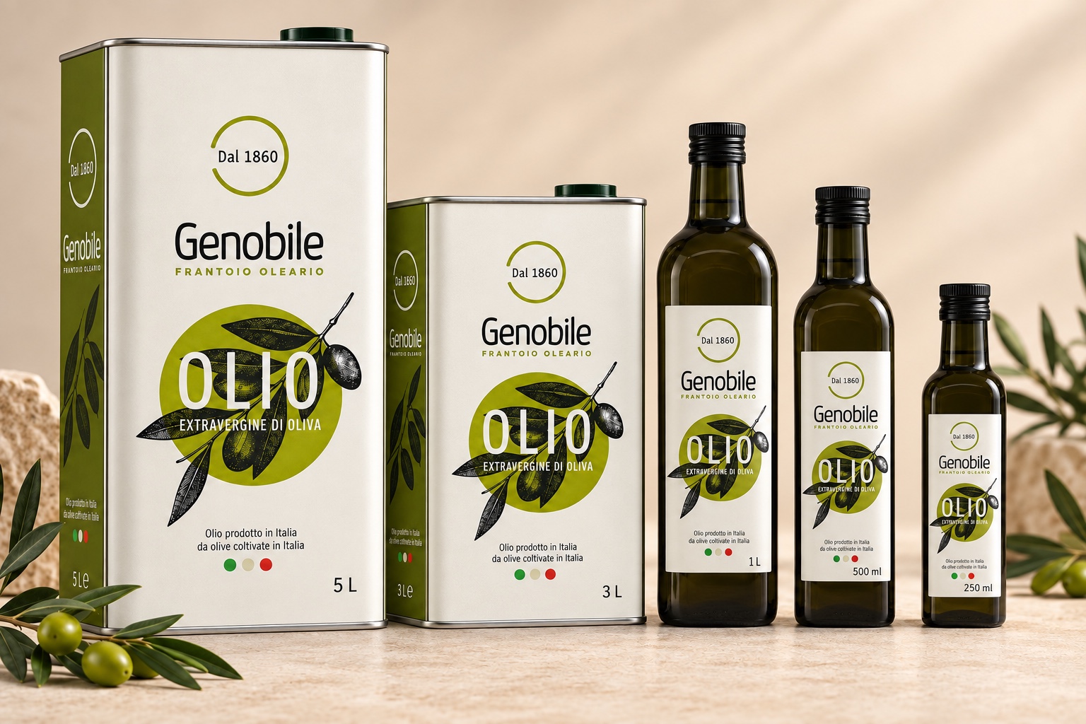 Linea di olio extravergine di oliva Genobile in bottiglie e latta