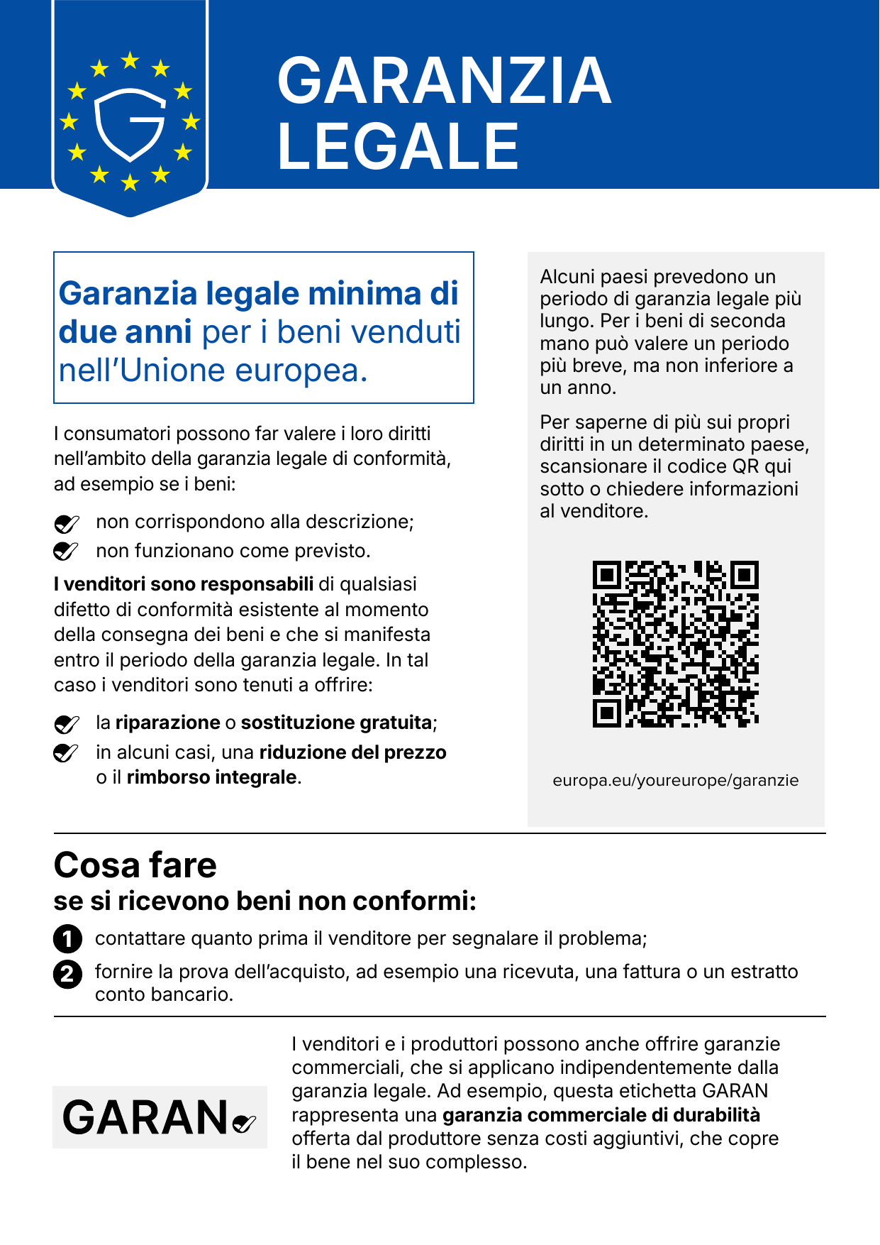 Avviso ufficiale a colori sulla garanzia legale minima di due anni